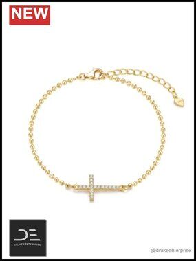 14k Gold Plated Sterling Silver Lab Grown Diamond Cross Bracelet Women Dainty